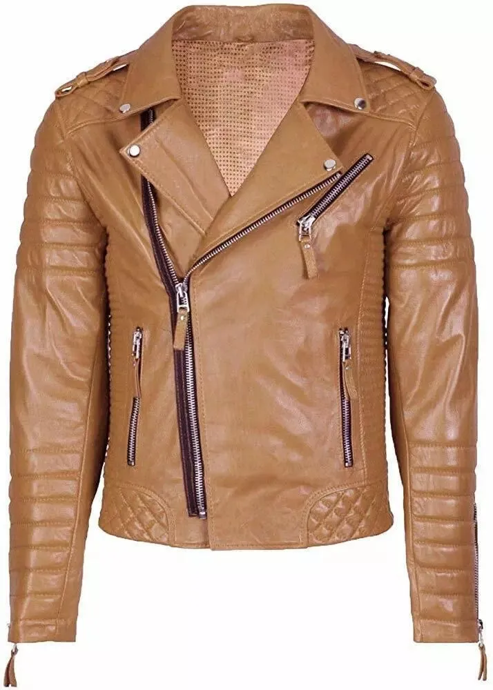 Men's Slim Fit Quilted Leather Motorcycle Jacket MJ050